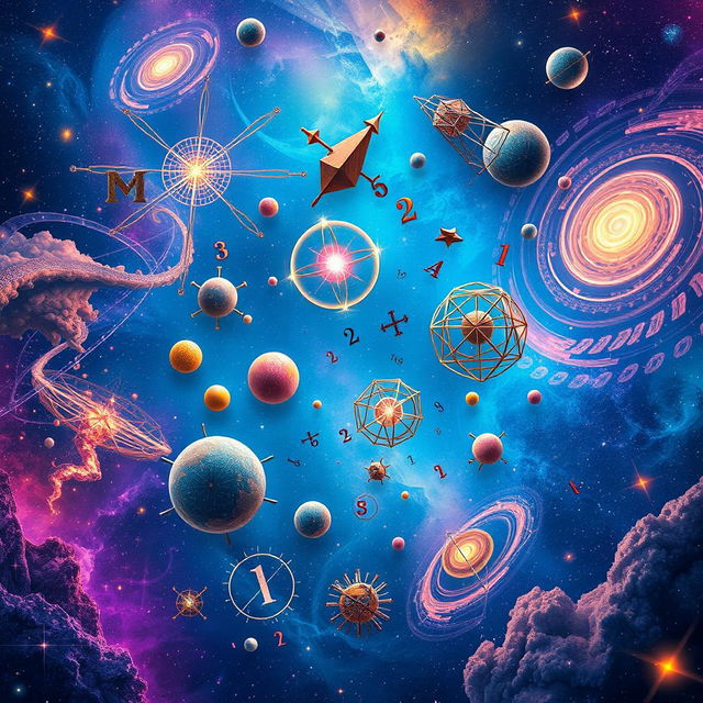 An imaginative scene illustrating abstract mathematical concepts and symbols floating in a vibrant cosmic landscape, with numbers, geometric shapes, and fractals intertwined like galaxies