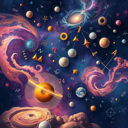 An imaginative scene illustrating abstract mathematical concepts and symbols floating in a vibrant cosmic landscape, with numbers, geometric shapes, and fractals intertwined like galaxies