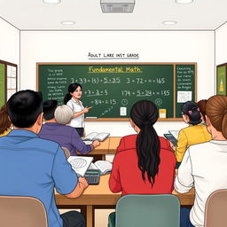 A classroom scene illustrating an adult learning environment with students in a first-grade fundamental math class for adult education