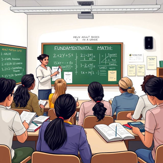 A classroom scene illustrating an adult learning environment with students in a first-grade fundamental math class for adult education