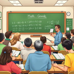 A classroom scene illustrating an adult learning environment with students in a first-grade fundamental math class for adult education