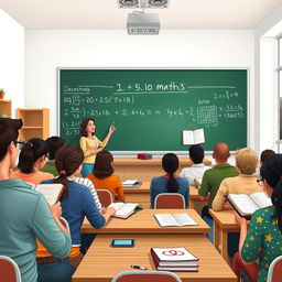 A classroom scene illustrating an adult learning environment with students in a first-grade fundamental math class for adult education