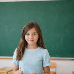 A girl with brown hair and green eyes standing in a classroom, actively engaged in writing on the chalkboard.