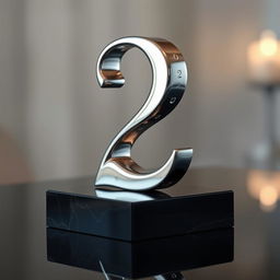 A polished silver number two gracefully positioned on a sleek, obsidian pedestal