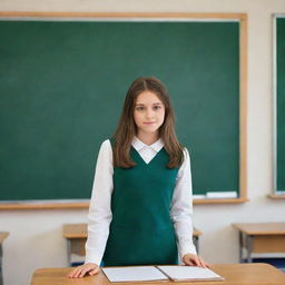 A girl with brown hair and green eyes standing in a classroom, actively engaged in writing on the chalkboard.