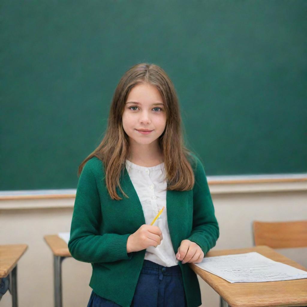 A girl with brown hair and green eyes standing in a classroom, actively engaged in writing on the chalkboard.