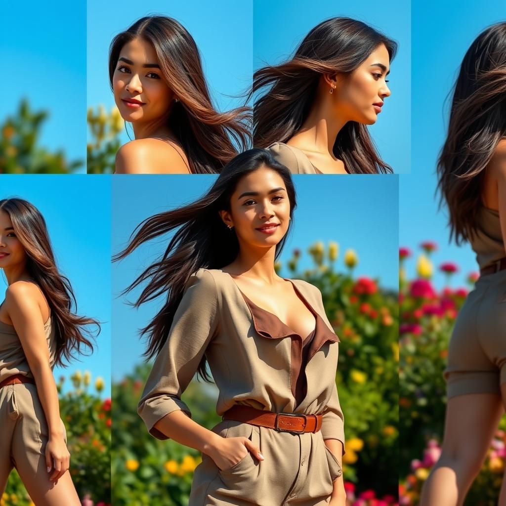 Various angles of an attractive woman with the same face, wearing a fashionable outfit, long flowing hair, standing confidently, in a scenic outdoor photography setting with natural lighting highlighting her features