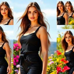 Various angles of an attractive woman with the same face, wearing a fashionable outfit, long flowing hair, standing confidently, in a scenic outdoor photography setting with natural lighting highlighting her features