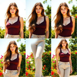 Various angles of an attractive woman with the same face, wearing a fashionable outfit, long flowing hair, standing confidently, in a scenic outdoor photography setting with natural lighting highlighting her features