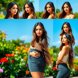Various angles of an attractive woman with the same face, wearing a fashionable outfit, long flowing hair, standing confidently, in a scenic outdoor photography setting with natural lighting highlighting her features