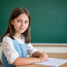 A girl with brown hair and green eyes standing in a classroom, actively engaged in writing on the chalkboard.