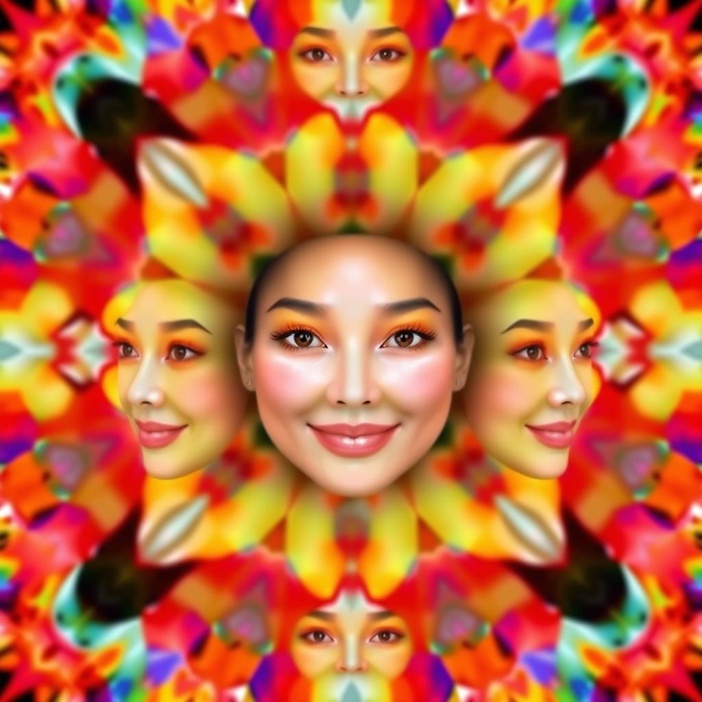 The same face repeating over and over, with a gentle smile and serene expression, surrounded by a kaleidoscope of vibrant colors creating an abstract and harmonious landscape