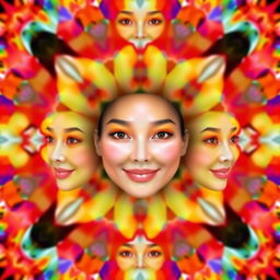 The same face repeating over and over, with a gentle smile and serene expression, surrounded by a kaleidoscope of vibrant colors creating an abstract and harmonious landscape