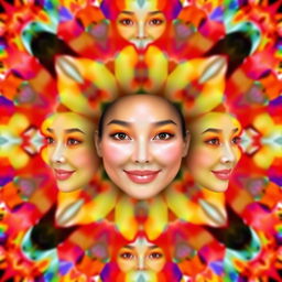 The same face repeating over and over, with a gentle smile and serene expression, surrounded by a kaleidoscope of vibrant colors creating an abstract and harmonious landscape