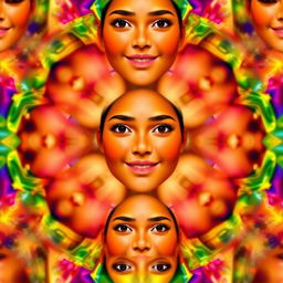 The same face repeating over and over, with a gentle smile and serene expression, surrounded by a kaleidoscope of vibrant colors creating an abstract and harmonious landscape