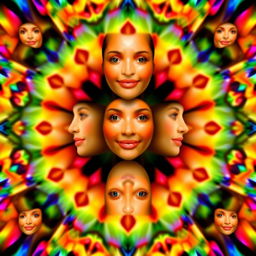 The same face repeating over and over, with a gentle smile and serene expression, surrounded by a kaleidoscope of vibrant colors creating an abstract and harmonious landscape