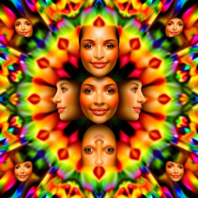 The same face repeating over and over, with a gentle smile and serene expression, surrounded by a kaleidoscope of vibrant colors creating an abstract and harmonious landscape