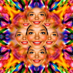 The same face repeating over and over, with a gentle smile and serene expression, surrounded by a kaleidoscope of vibrant colors creating an abstract and harmonious landscape