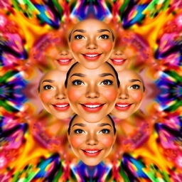 The same face repeating over and over, with a gentle smile and serene expression, surrounded by a kaleidoscope of vibrant colors creating an abstract and harmonious landscape