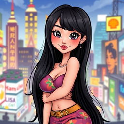 A cartoon-style illustration of an attractive Asian woman with exaggerated and voluptuous features, focusing on her curves but maintaining an artistic and playful approach, with long, flowing black hair, wearing a stylish and colorful outfit that complements her figure