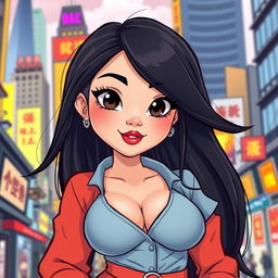 A cartoon-style illustration of an attractive Asian woman with exaggerated and voluptuous features, focusing on her curves but maintaining an artistic and playful approach, with long, flowing black hair, wearing a stylish and colorful outfit that complements her figure