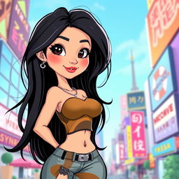 A cartoon-style illustration of an attractive Asian woman with exaggerated and voluptuous features, focusing on her curves but maintaining an artistic and playful approach, with long, flowing black hair, wearing a stylish and colorful outfit that complements her figure