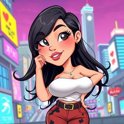 A cartoon-style illustration of an attractive Asian woman with exaggerated and voluptuous features, focusing on her curves but maintaining an artistic and playful approach, with long, flowing black hair, wearing a stylish and colorful outfit that complements her figure