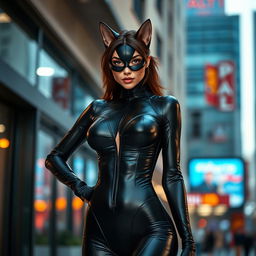 A playful and adventurous woman with cat-like features, such as elegant feline eyes, subtle whiskers, and graceful movements