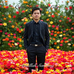 A tall and handsome Indonesian man stands in a sophisticated black outfit, surrounded by a myriad of colorful flowers that create both a background and foreground, completely covering his feet with their vibrant hues