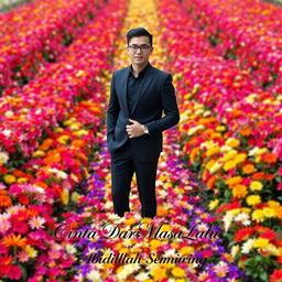 A tall and handsome Indonesian man stands in a sophisticated black outfit, surrounded by a myriad of colorful flowers that create both a background and foreground, completely covering his feet with their vibrant hues