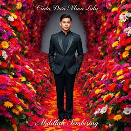 A tall and handsome Indonesian man stands in a sophisticated black outfit, surrounded by a myriad of colorful flowers that create both a background and foreground, completely covering his feet with their vibrant hues