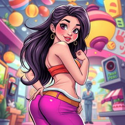 A vibrant and stylized illustration of an attractive and confident Asian woman with exaggerated features and a playful expression, showcasing her curves while wearing a chic, colorful outfit that enhances her figure