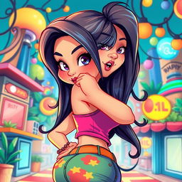 A vibrant and stylized illustration of an attractive and confident Asian woman with exaggerated features and a playful expression, showcasing her curves while wearing a chic, colorful outfit that enhances her figure