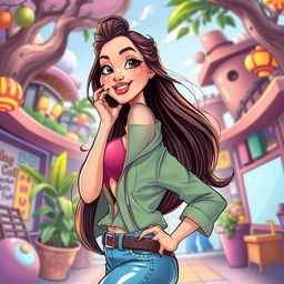 A vibrant and stylized illustration of an attractive and confident Asian woman with exaggerated features and a playful expression, showcasing her curves while wearing a chic, colorful outfit that enhances her figure