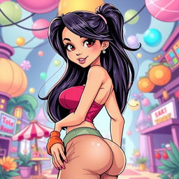 A vibrant and stylized illustration of an attractive and confident Asian woman with exaggerated features and a playful expression, showcasing her curves while wearing a chic, colorful outfit that enhances her figure