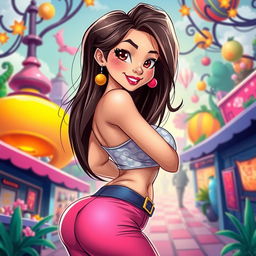 A vibrant and stylized illustration of an attractive and confident Asian woman with exaggerated features and a playful expression, showcasing her curves while wearing a chic, colorful outfit that enhances her figure