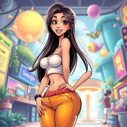 A vibrant and stylized illustration of an attractive and confident Asian woman with exaggerated features and a playful expression, showcasing her curves while wearing a chic, colorful outfit that enhances her figure