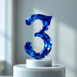 A stunning sapphire-blue number three, elegantly sculpted and perched on a white alabaster pedestal