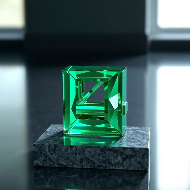 A majestic emerald-green number four crafted with precision, set on a sleek granite pedestal