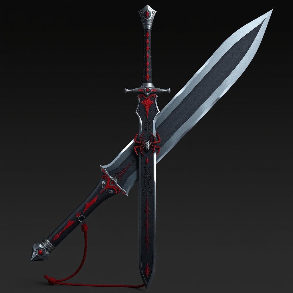 a grand two-handed scimitar with a dark gray blade, adorned with elegant red details