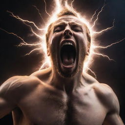 A powerful scene of a person imbued with the god-like power of electricity, yelling out with closed eyes, surrounded by sparking energy.