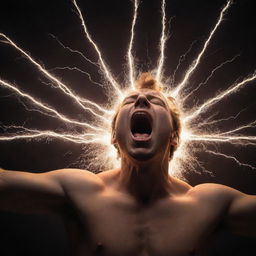 A powerful scene of a person imbued with the god-like power of electricity, yelling out with closed eyes, surrounded by sparking energy.