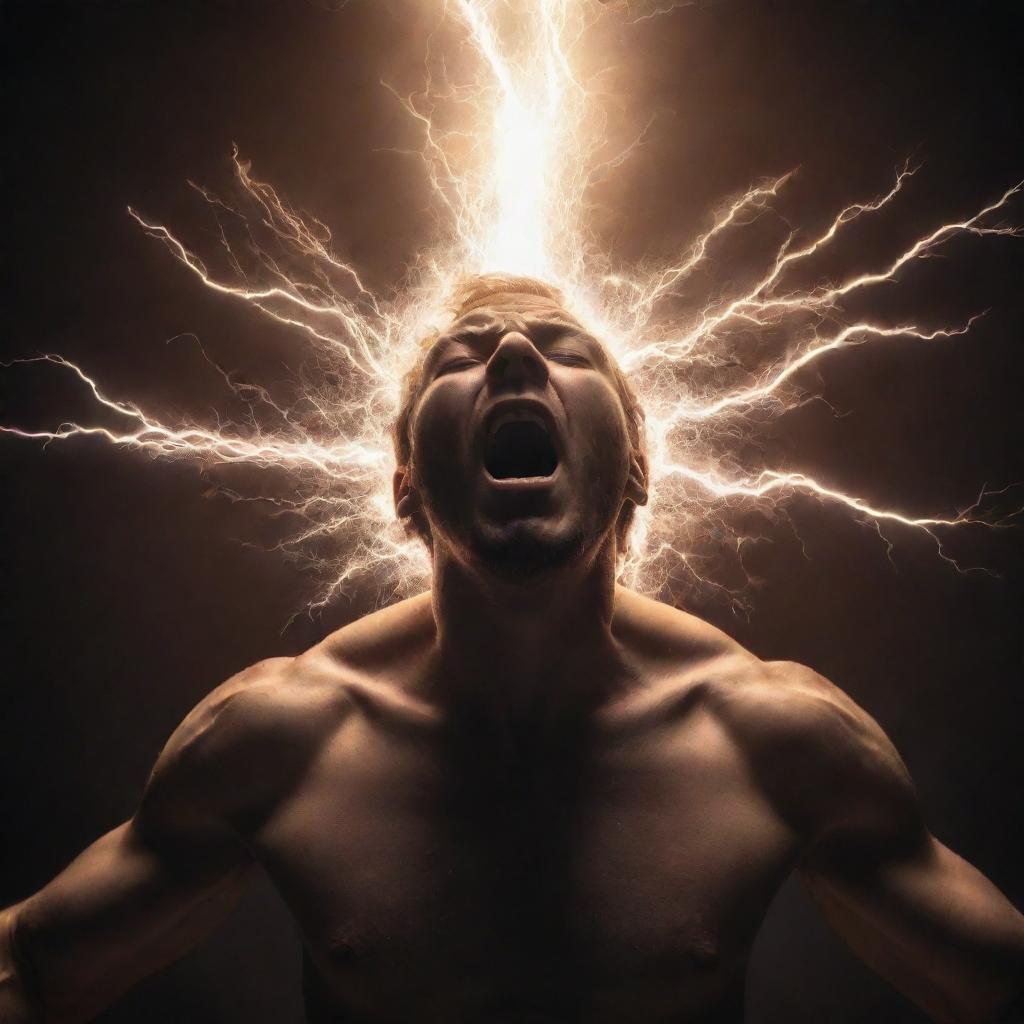 A powerful scene of a person imbued with the god-like power of electricity, yelling out with closed eyes, surrounded by sparking energy.