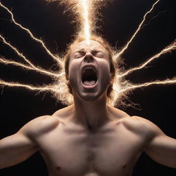 A powerful scene of a person imbued with the god-like power of electricity, yelling out with closed eyes, surrounded by sparking energy.