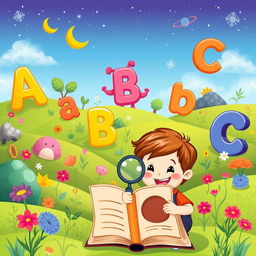 Colorful and magical landscape featuring friendly, smiling alphabet characters like 'A', 'B', and 'C' playfully interacting