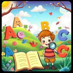 Colorful and magical landscape featuring friendly, smiling alphabet characters like 'A', 'B', and 'C' playfully interacting