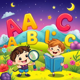 Colorful and magical landscape featuring friendly, smiling alphabet characters like 'A', 'B', and 'C' playfully interacting