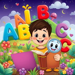 Colorful and magical landscape featuring friendly, smiling alphabet characters like 'A', 'B', and 'C' playfully interacting