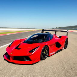 A Ferrari FXX-K Evo, showcasing its aerodynamic and aggressive design, parked on a racing track