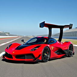 A Ferrari FXX-K Evo, showcasing its aerodynamic and aggressive design, parked on a racing track